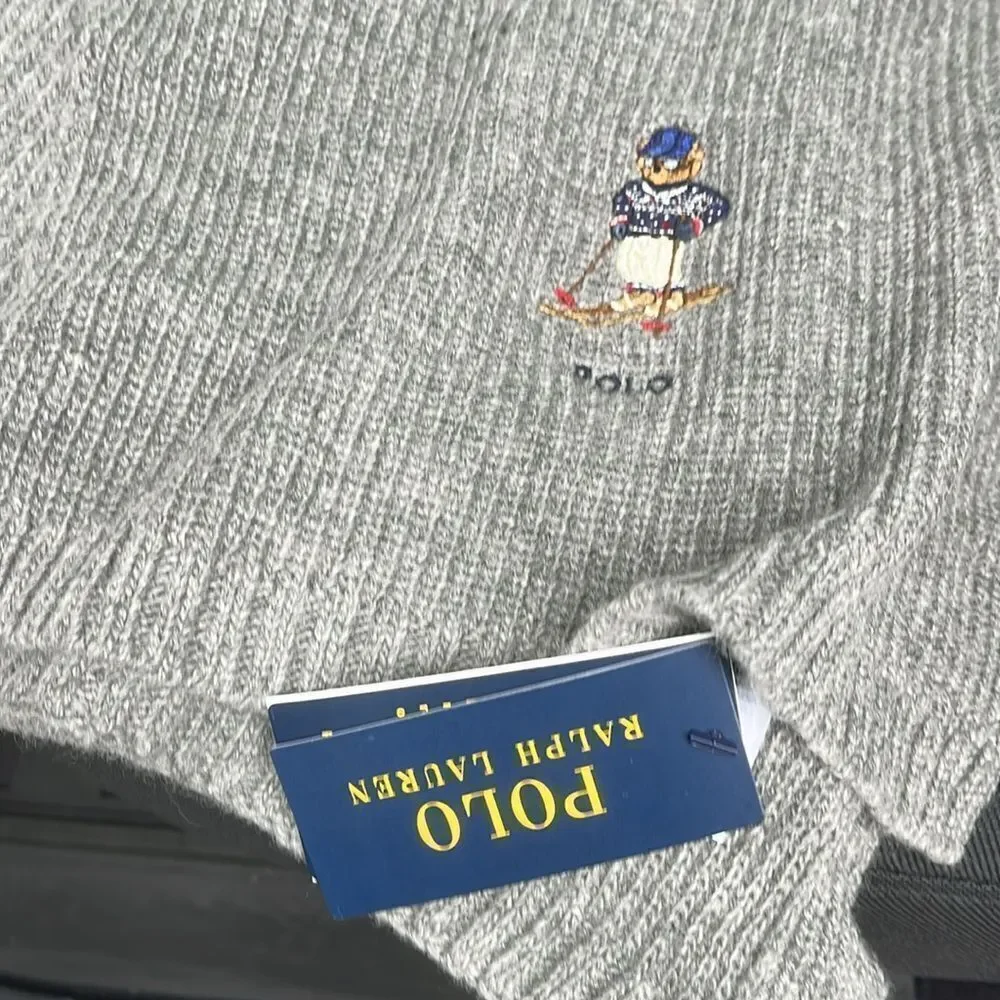 New w/tag Polo by Ralph Lauren Skiing Ski Polo Bear wool blend winter Gray Scarf